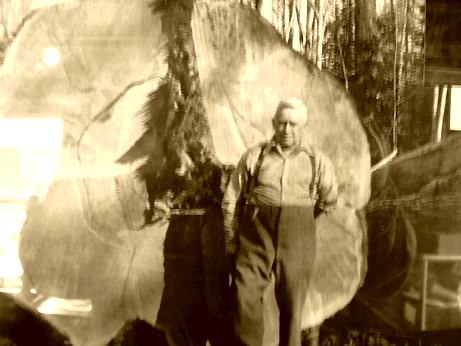 This is a photo of my mother's uncle's brother, Charlie Holeman. Taken sometime in the early 1900s, he is standing in front of a newly logged old growth Western Red Cedar. My mother tells me that Charlie had a little dog named "Sugar," because she just loved sweets.